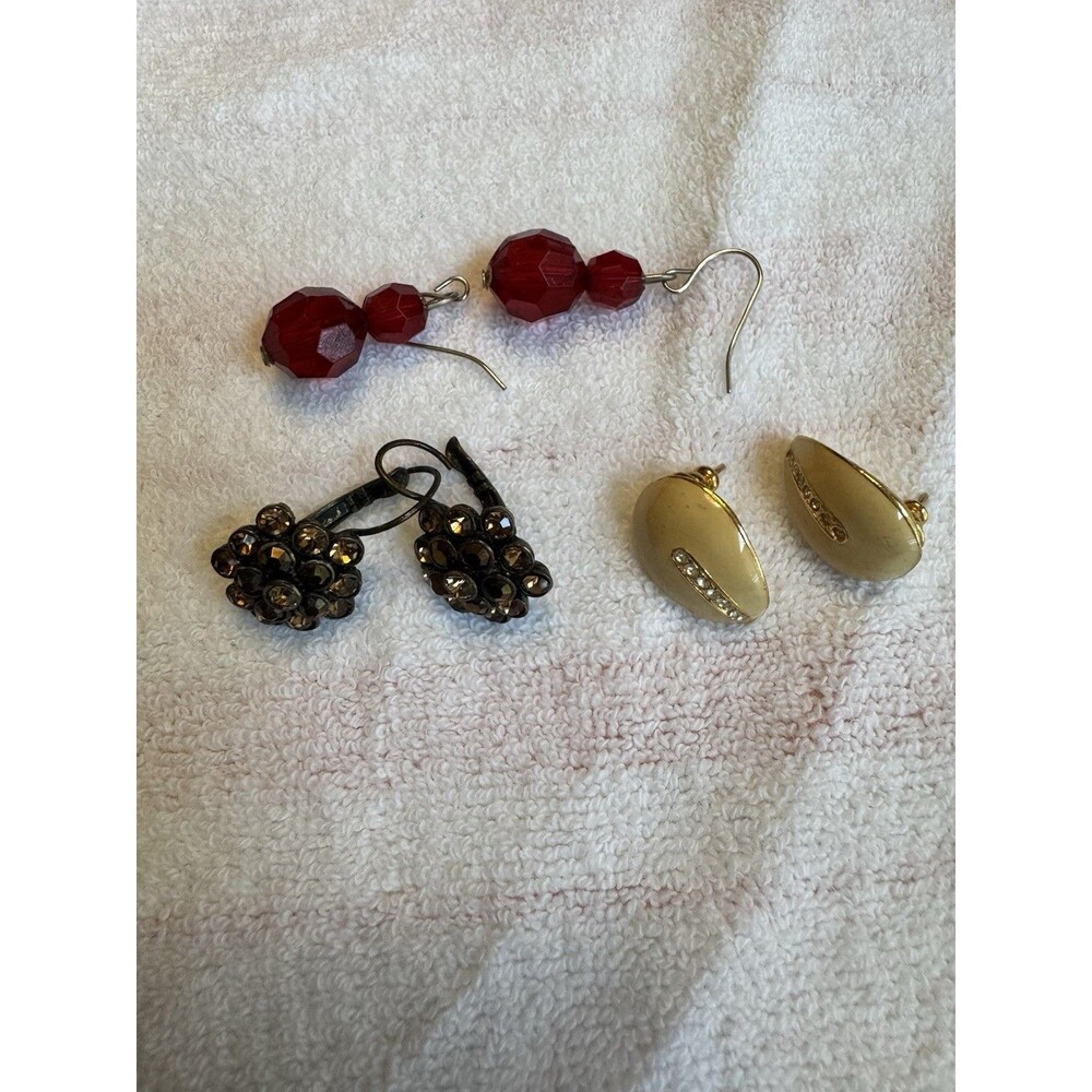 Lot of 3 Pairs‎ Vintage Earrings — Red Crystal Drop, Rhinestone Cluster Clip-On